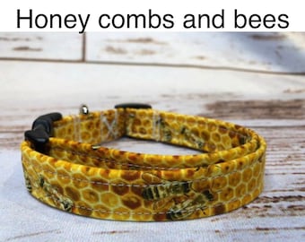 Honey comb dog collar, bee dog collar, adjustable collar, washable, side release collar, realistic bee collar, yellow, brown, fabric collar