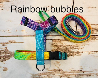 Dog harness, Harness and leash, step in harness, dog harness set, standard harness, roman dog harness, adjustable, rainbow bubbles
