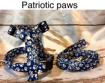 Dog harness, Harness and leash, step in harness, standard harness, dog harness set, patriotic, paw print, denim blue, stars, paws