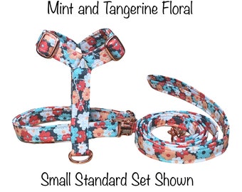 Floral Dog harness, Harness and leash, step in harness, standard harness, dog harness set, rose gold, rose gold hardware, mint, tangerine