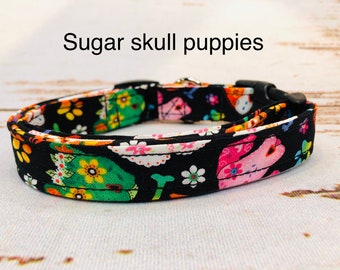 Dog Collar, boy dog collar, girl dog collar, martingale collar, adjustable collar, buckle dog collar, day of the dead, sugar skulls, black