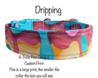 Dog collar, dripping colors, adjustable dog collar, side release collar, wide dog collar, washable collar, fabric dog collar, pink, blue