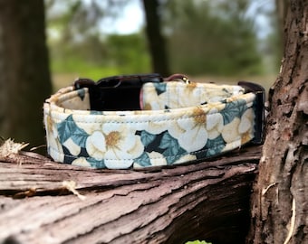 Magnolia dog collar, floral dog collar, dog collar girl, handmade dog collar, fabric dog collar, side release adjustable collar, washable