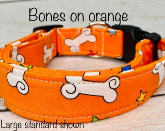 Dog Collar, orange dog collar, boy dog collar, side release, adjustable collar, nylon collar,washable collar, orange bones, dog bone
