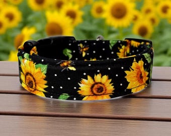 Handmade Sunflower Dog Collar: Bees on Black, Adjustable, Washable