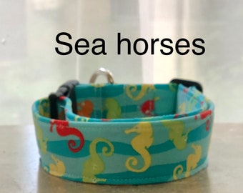 Sea horse dog collar, adjustable dog collar, side release dog collar, sea life, ocean dog collar, washable collar, red, yellow, green, blue
