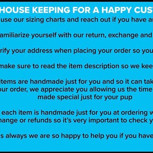 A light blue instructional graphic detailing shop policies on sizing, returns, addresses, and handmade processing times.