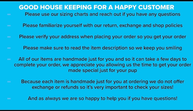 A light blue instructional graphic detailing shop policies on sizing, returns, addresses, and handmade processing times.