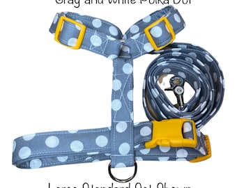 Gray polka dot dog harness and leash set, standard Roman harness, step in harness, adjustable dog harness, washable dog harness, gray, white