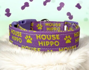 Funny handmade dog collar “House Hippo”: Washable Side release fabric adjustable collar