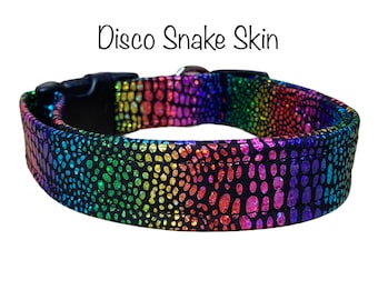 Snake skin dog collar, rainbow dog collar, adjustable collar, washable collar, side release collar, fabric dog collar, cat collar, foil
