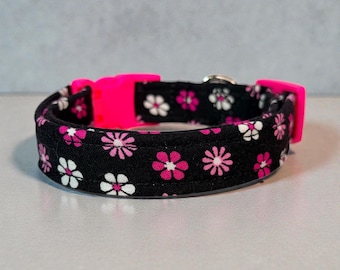 Pink Floral on black Handmade dog collar: Washable fabric, adjustable side release, webbing core, customizable hardware, wide dog collar