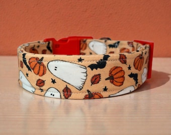 Ghost and Pumpkin Halloween handmade dog collar, adjustable side release, washable fabric, webbing core, customizable hardware