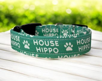 Funny handmade dog collar “House Hippo”: Washable Side release fabric adjustable collar