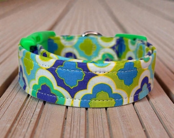 Neon Quatrefoil handmade dog collar, adjustable side release, washable cotton fabric, webbing core, customizable hardware color