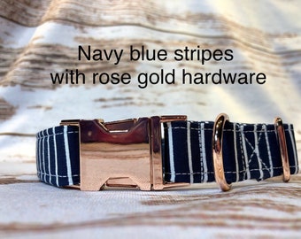 Navy blue and white stripe dog collar, rose gold hardware, striped dog collar, rose gold, navy blue, washable, adjustable, metal hardware