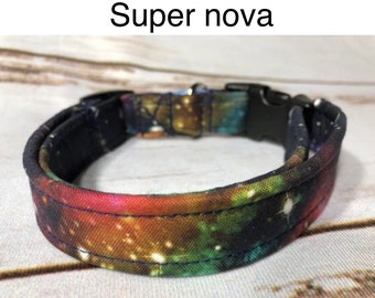 Galaxy dog collar, super nova, celestial collar, adjustable collar, washable, side release collar, fabric collar, boy, girl, unisex, blue