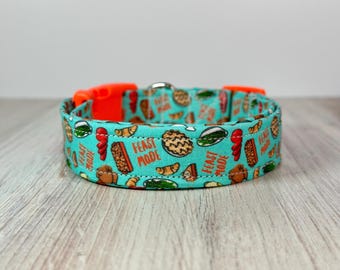 Funny dog collar, food dog collar, thanksgiving dog collar, feast mode, adjustable collar, washable dog collar, side release collar, teal