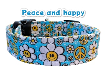 Floral dog collar, peace sign dog collar, funny dog collar, handmade dog collar, custom dog collar, adjustable, washable, girl dog collar