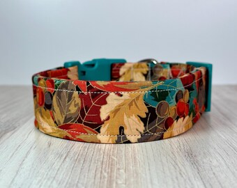 Teal and orange fall dog collar, boy dog collar, girl dog collar, handmade collar, side release collar, washable collar, fabric dog collar