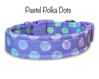 Polka dot dog collar, light purple, pastel, adjustable dog collar, washable, eco friendly, dog collar girl, side release, polka dots,