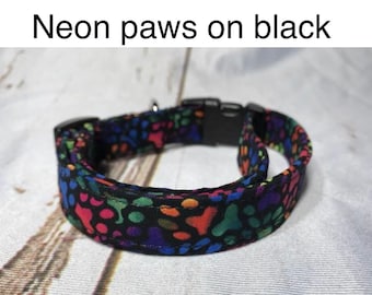 Neon paws on black, standard adjustable dog collar,  or martingale collar