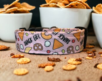 Snack life dog collar, funny dog collar, food dog collar, side release adjustable collar, washable dog collar, handmade dog collar, pink