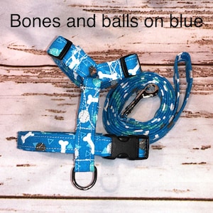 Blue Dog Harness and Leash Set: Bones & Balls Print, Adjustable