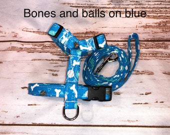 Dog harness, Harness and leash, step in harness, dog harness set, standard harness, roman dog harness, adjustable, bones, balls, blue