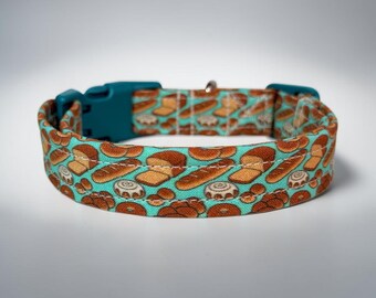 Bread Funny Food handmade dog collar, adjustable side release, washable cotton fabric, webbing core, customizable hardware color