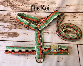 Dog harness, Harness and leash, step in harness, standard harness, dog harness set, brass hardware, scales, koi fish, adjustable dog harness