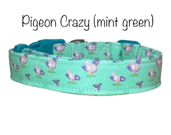 Pigeon dog collar, funny dog collar, side release collar, adjustable collar, washable collar, fabric collar, mint green, pigeons, dog collar