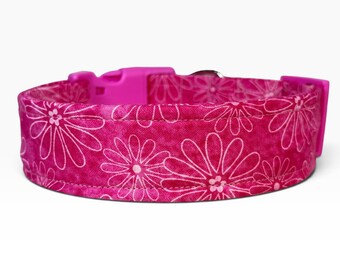 Daisy on Pink handmade Dog Collar: washable fabric side release pet collar, webbing core, customizable hardware color