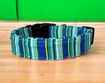 Blue striped dog collar, handmade fabric dog collar, side release adjustable dog collar, funny dog collars, washable, gifts for dogs