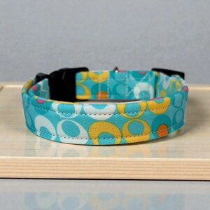 Turquoise Geometric Handmade Dog Collar: Adjustable side release, washable cotton fabric, webbing core, customizable hardware