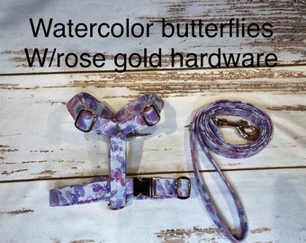 Dog harness, Harness and leash, step in harness, standard harness, dog harness set, rose gold, rose gold hardware, watercolor butterflies