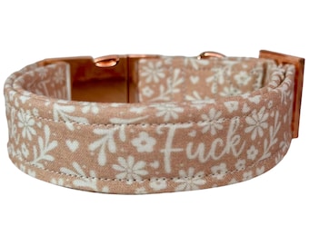 Personalized engraved floral fuck dog collar, side release metal hardware, handmade fabric dog collar with engraved metal buckle, adjustable