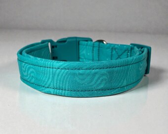 Teal with Glitter Handmade dog collar: Washable fabric, adjustable side release, webbing core, customizable hardware, Wide dog collar
