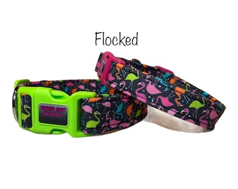 Flamingo dog collar, designer dog collar, side release collar, adjustable collar, washable collar, fabric dog collar, neon, Black, flamingo