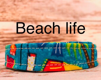 Beach dog collar, funny dog collar, adjustable collar, side release collar, fabric dog collar, beach life, palm tree, bananas, blue, summer