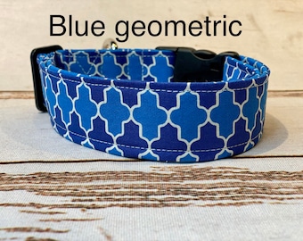 Blue dog collar, boy dog collar, fabric dog collar, washable, side release collar, adjustable dog collar, geometric, blue, white, navy blue