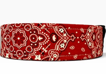 Red Bandana handmade dog collar: adjustable side release, washable cotton fabric, webbing core, customizable hardware color