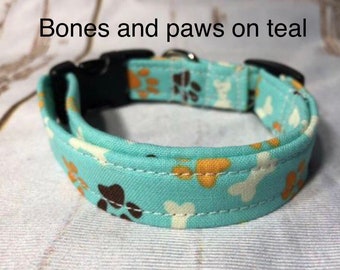 Teal paw print dog collar, boy dog collar, collar for dogs, handmade dog collar, custom dog collar, bones and paw prints, adjustustable