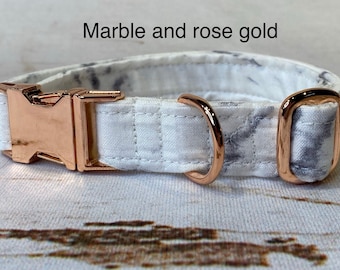 Dog Collar, adjustable collar, metal buckle, washable, marble dog collar, rose gold hardware, buckle dog collar, gray and white marble