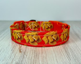 Chicken Nugget Handmade funny food dog collar, adjustable side release, washable cotton fabric, webbing core, customizable hardware color