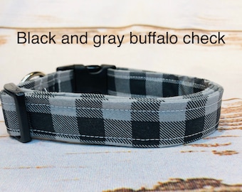 Plaid dog collar, buffalo plaid dog collar, boy dog collar, side release dog collar, dog collar, gray and black buffalo plaid, handmade