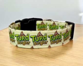 Turd Burgler dog collar, handmade fabric dog collar, side release adjustable dog collar, funny dog collars, washable collars, gifts for dogs