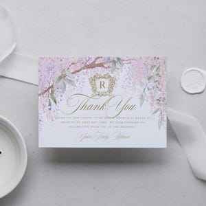 Tarjeta de agradecimiento con glicina azul y violeta para imprimir: boda, despedida de soltera, baby shower, cumpleaños