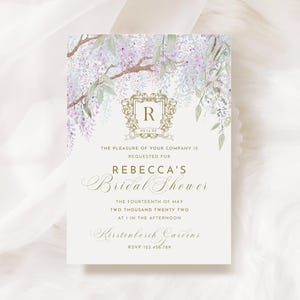 Invitación imprimible de glicina azul y morada para bodas, despedidas de soltera, baby showers y cumpleaños.