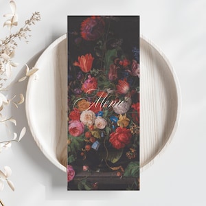 Menusjabloon donkere bloemenrenaissance | Bruiloft, vrijgezellenfeest, babyshower, verjaardag